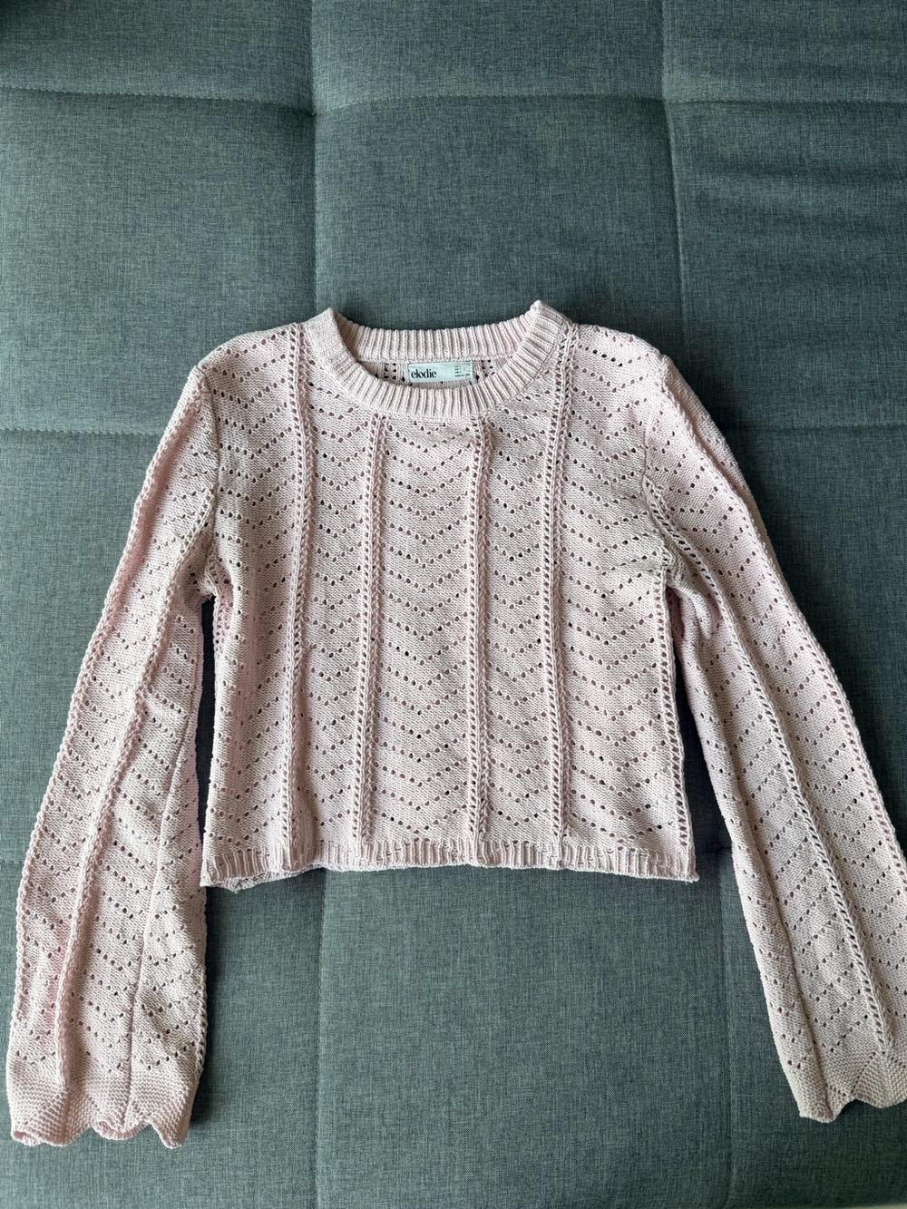Light Pink Open-Knit Cropped Crewneck Sweater